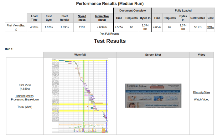 Отчет о скорости загрузки сайта webpagetest.org